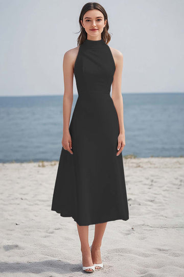 Simple Black High Neck Satin Midi Boho Dress